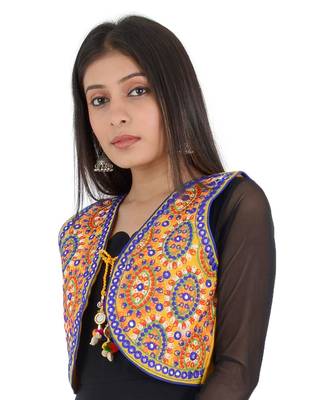 Women's Cotton Blend Kutchi Embroidered Sleeveless Short Ethnic Jacket/Koti 3