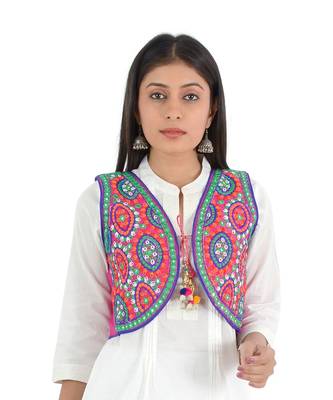 Women's Cotton Blend Kutchi Embroidered Sleeveless Short Ethnic Jacket/Koti 1
