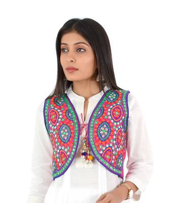 Women's Cotton Blend Kutchi Embroidered Sleeveless Short Ethnic Jacket/Koti 3