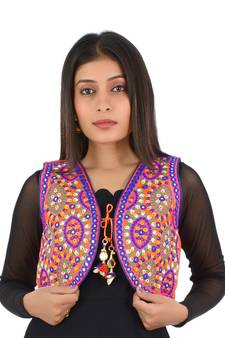 Women's Cotton Blend Kutchi Embroidered Sleeveless Short Ethnic Jacket/Koti