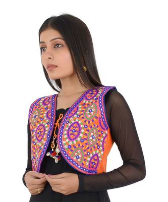 Women's Cotton Blend Kutchi Embroidered Sleeveless Short Ethnic Jacket/Koti 3