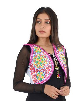 Women's Cotton Blend Kutchi Embroidered Sleeveless Short Ethnic Jacket/Koti 3