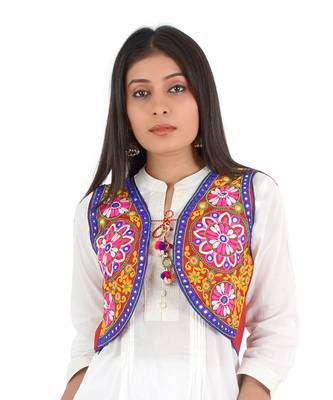 Women's Cotton Blend Kutchi Embroidered Sleeveless Short Ethnic Jacket/Koti 1