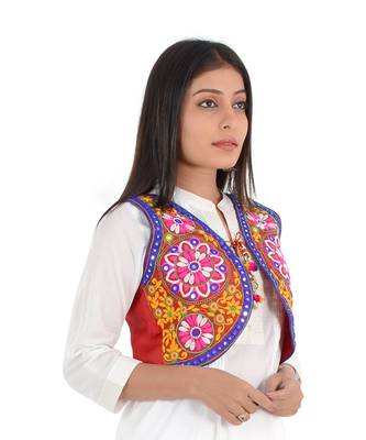 Women's Cotton Blend Kutchi Embroidered Sleeveless Short Ethnic Jacket/Koti 3