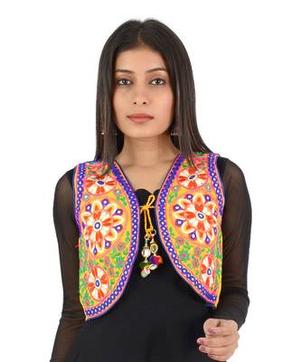 Women's Cotton Blend Kutchi Embroidered Sleeveless Short Ethnic Jacket/Koti 1