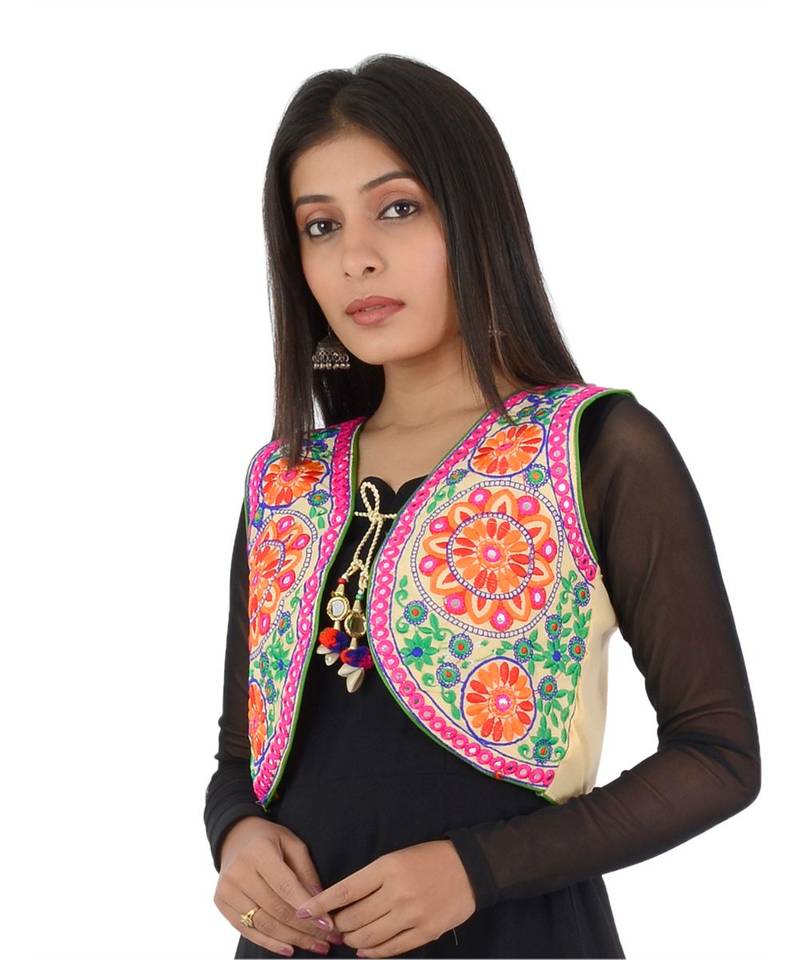 Women's Cotton Blend Kutchi Embroidered Sleeveless Short Ethnic - Main Image