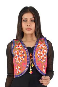 Women's Cotton Blend Kutchi Embroidered Sleeveless Short Ethnic Jacket/Koti