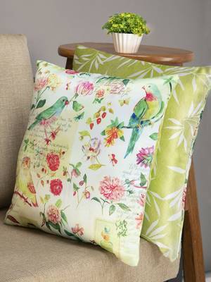 HOUZZCODE Green & Off-White Set of 2 Floral Square Cushion Covers 1