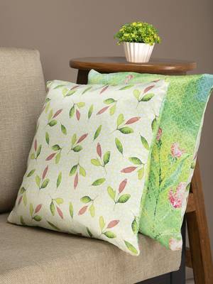 HOUZZCODE Green & Off-White Set of 2 Floral Square Cushion Covers 1