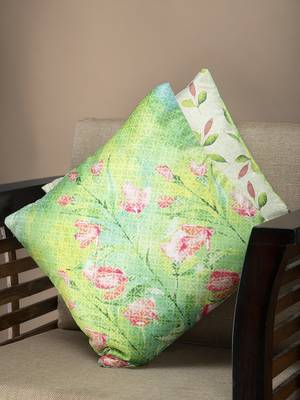 HOUZZCODE Green & Off-White Set of 2 Floral Square Cushion Covers 2