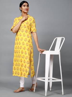 yellow floral printed cotton straight kurti 1