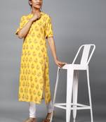 yellow floral printed cotton straight kurti