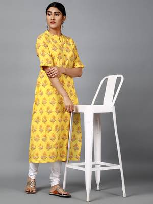 yellow floral printed cotton straight kurti 2