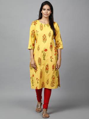 yellow  printed cotton straight kurti 1