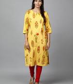 yellow  printed cotton straight kurti
