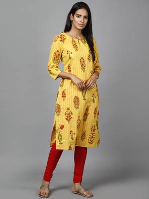 yellow  printed cotton straight kurti 2