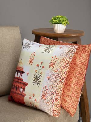 HOUZZCODE Beige & Rust Orange Set of 2 Ethnic Motifs Square Cushion Covers 1