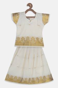 White South Indian Pattu Pavadai Set For Girls