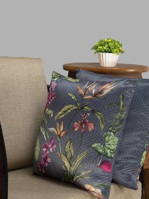 HOUZZCODE Grey & Green Set of Single Floral Square Cushion Covers 1