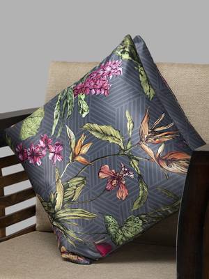 HOUZZCODE Grey & Green Set of Single Floral Square Cushion Covers 2