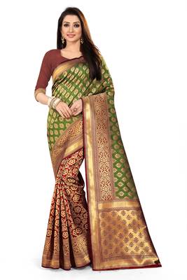 Green woven silk saree with blouse 1