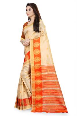 Orange woven cotton silk saree with blouse 2
