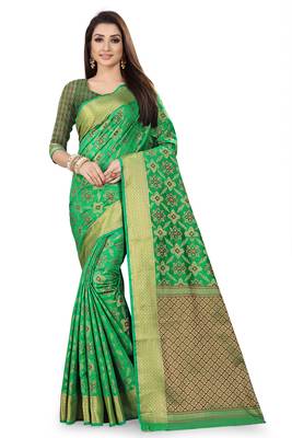 Green woven silk blend saree with blouse 1
