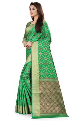 Green woven silk blend saree with blouse 2