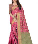Pink woven silk blend saree with blouse