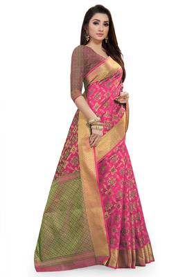 Pink woven silk blend saree with blouse 3