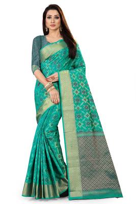 Blue woven silk blend saree with blouse 1