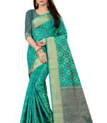 Blue woven silk blend saree with blouse