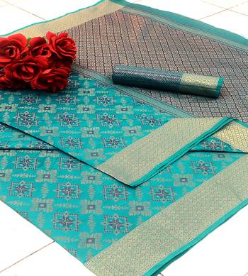Blue woven silk blend saree with blouse 5