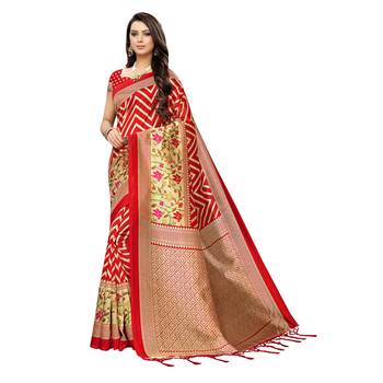 Red printed art silk saree with blouse 1