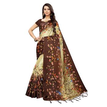 Brown printed khadi saree with blouse 1