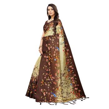 Brown printed khadi saree with blouse 2
