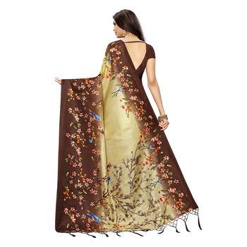 Brown printed khadi saree with blouse 4