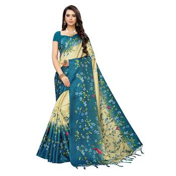 Turquoise printed khadi saree with blouse 1