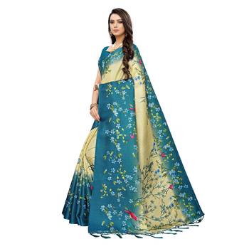 Turquoise printed khadi saree with blouse 2