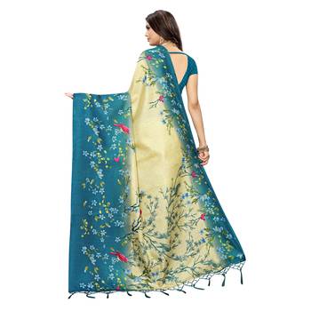 Turquoise printed khadi saree with blouse 4