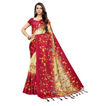 Red printed khadi saree with blouse 1