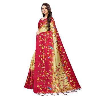 Red printed khadi saree with blouse 2