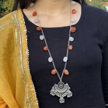 Multicoloured Silver Tone Long Necklace 1