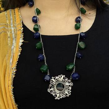 Multicoloured Silver Tone Long Necklace 1