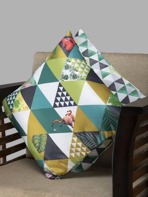 HOUZZCODE Green & Black Printed Set of 2 Geometric Square Cushion Covers 2