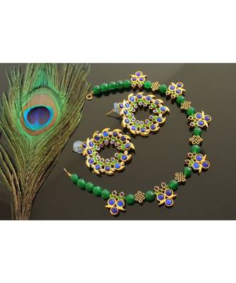 Gorgeous Gold Tone Blue Green Mango Agate Necklace Set 1