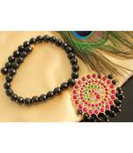 Beautiful Gold Tone Semi Precious Kemp Green Peacock Black Agate Necklace