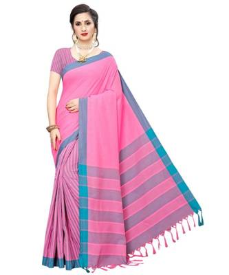 Pink  plain faux polycotton saree with blouse 1