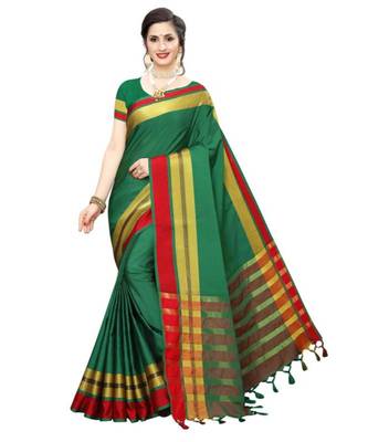 green plain faux polycotton saree with blouse 1