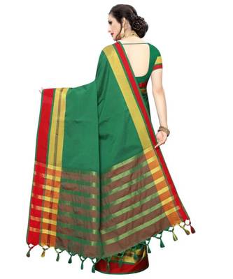green plain faux polycotton saree with blouse 2